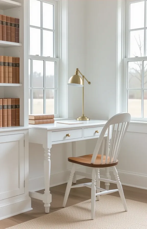 Medium shot home study with whitewashed wooden desk