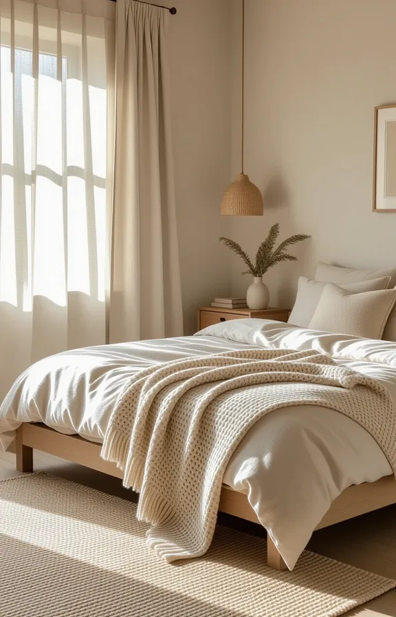 Medium shot bedroom with low platform bed dressed