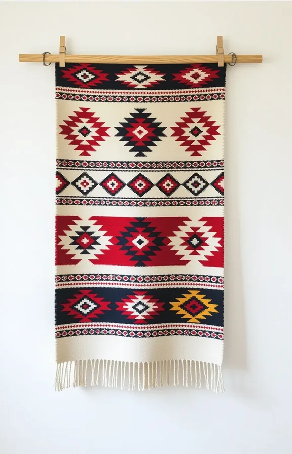 Medium shot wall displaying vintage camp blanket with