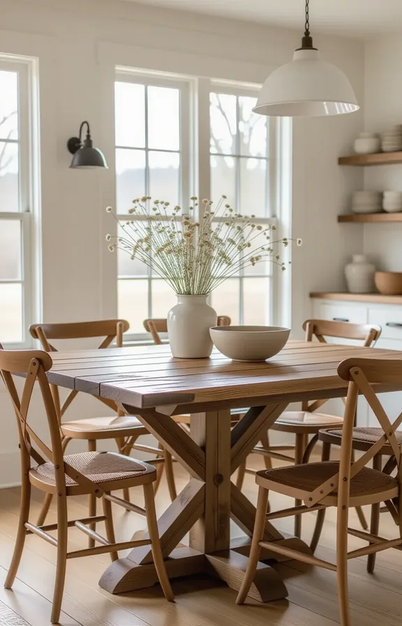 Medium shot dining room with rustic trestle table
