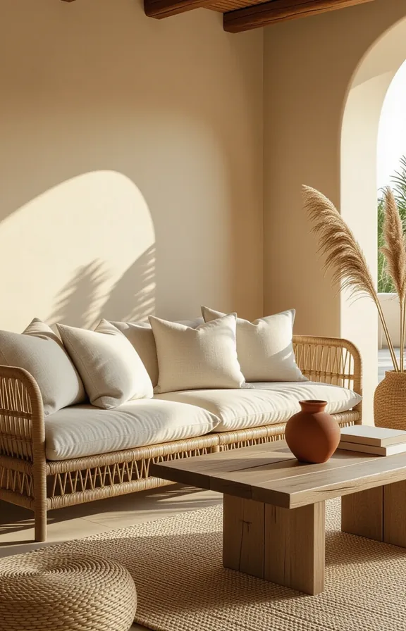 Medium shot lounge area with low rattan sofa