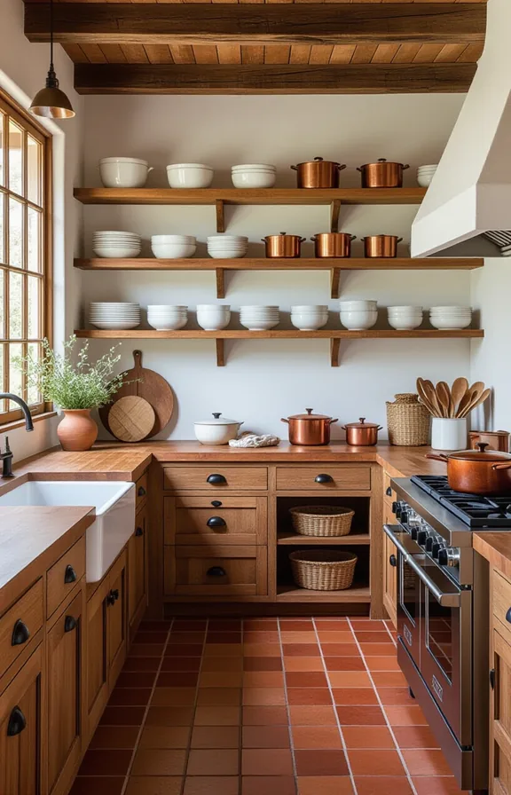 Medium shot kitchen with worn Saltillo floor tiles