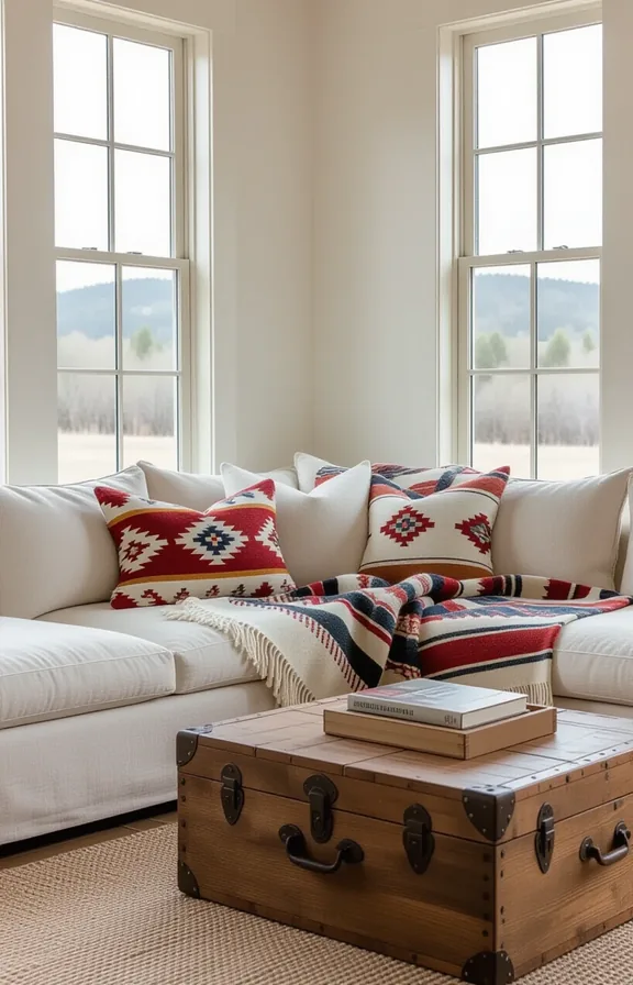 Medium shot sitting room with neutral linen sofa