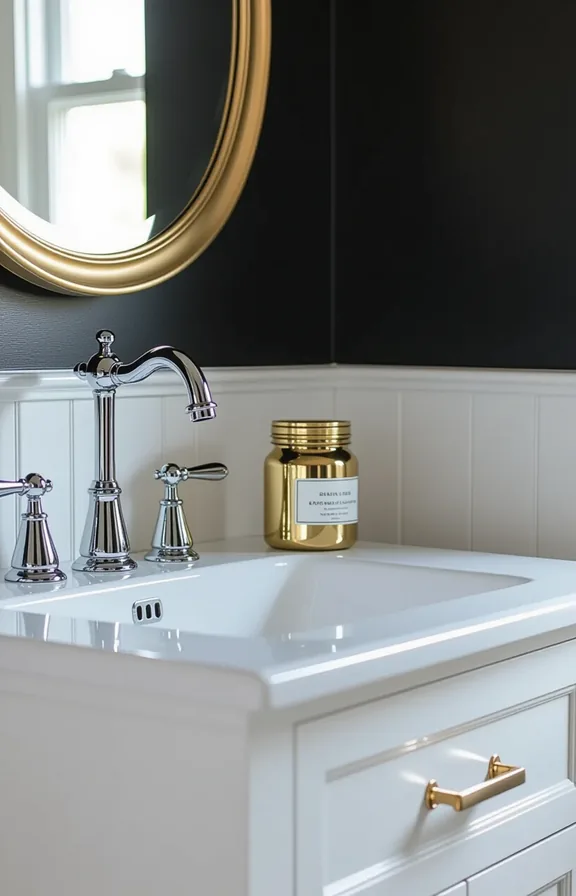Medium shot small bathroom vanity with black painted