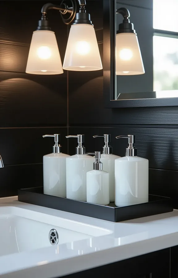 Medium shot bathroom vanity top against black painted