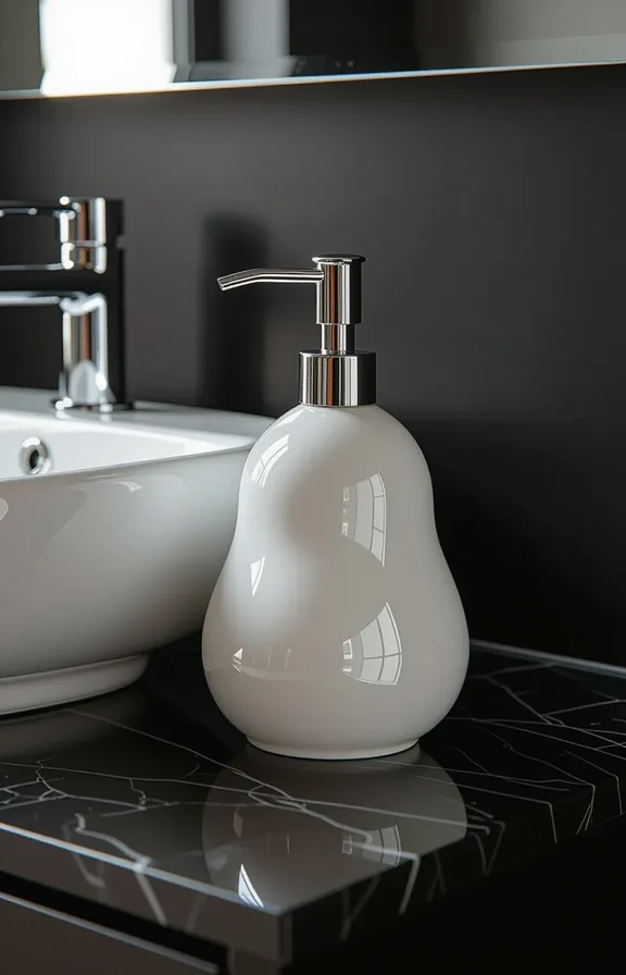 medium shot sculptural ceramic soap dispenser black bathroom