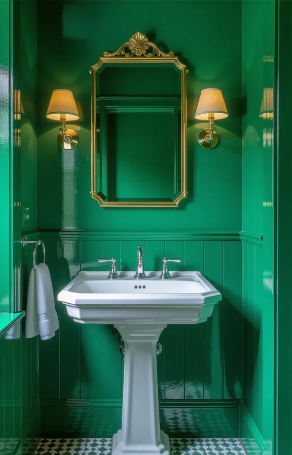 Medium shot bathroom with single wall painted deep
