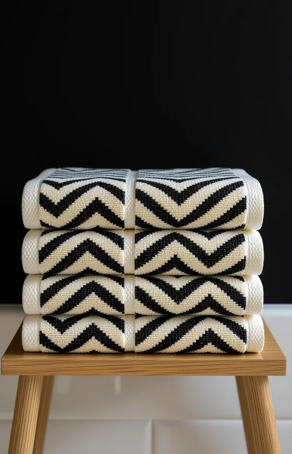 stack neatly folded towels bathroom shelf against black