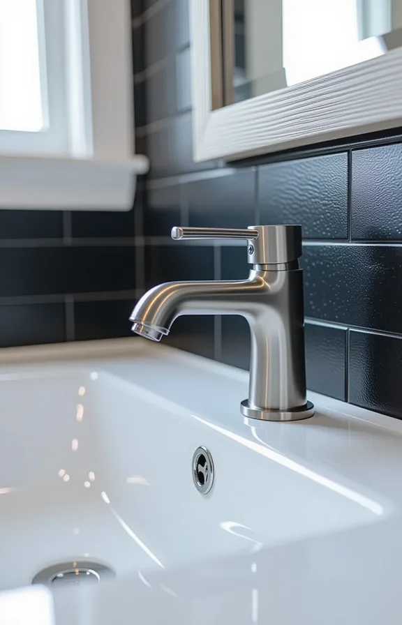 medium shot bathroom sink with new brushed nickel