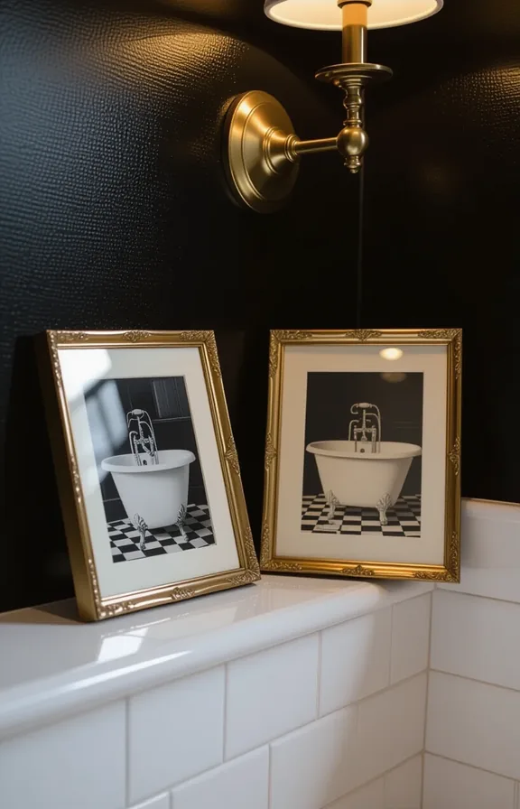 3/4 view two small framed vintage bath-themed prints