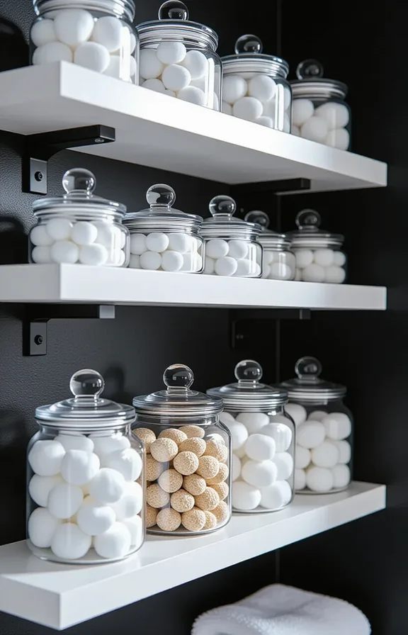 collection clear pebble-shaped glass jars bathroom shelf against
