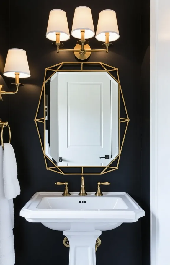 geometric-shaped mirror mounted black painted bathroom wall. The