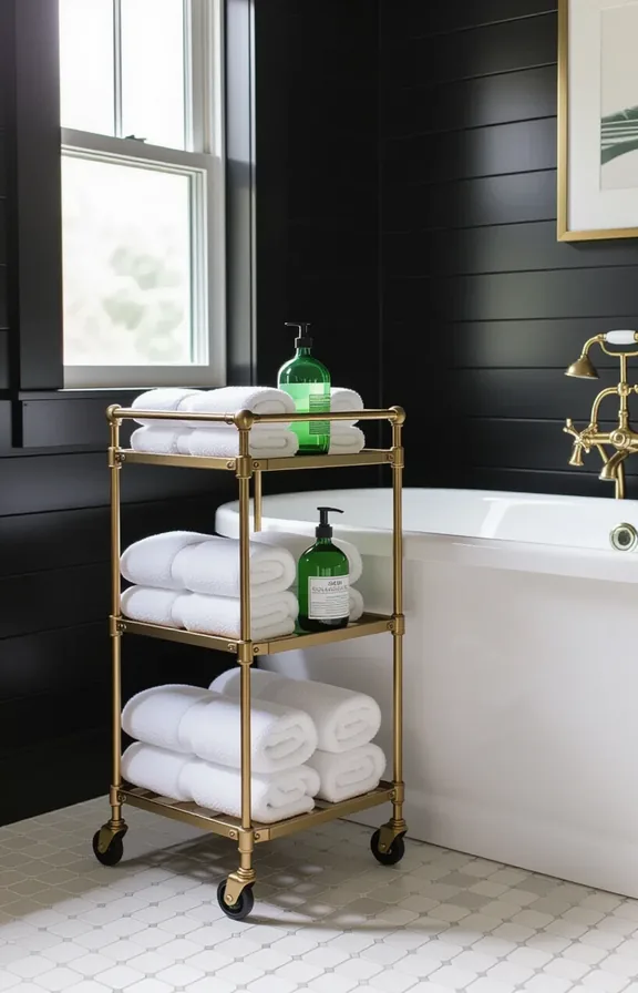 3/4 view portable metallic-tiered cart beside bathtub against