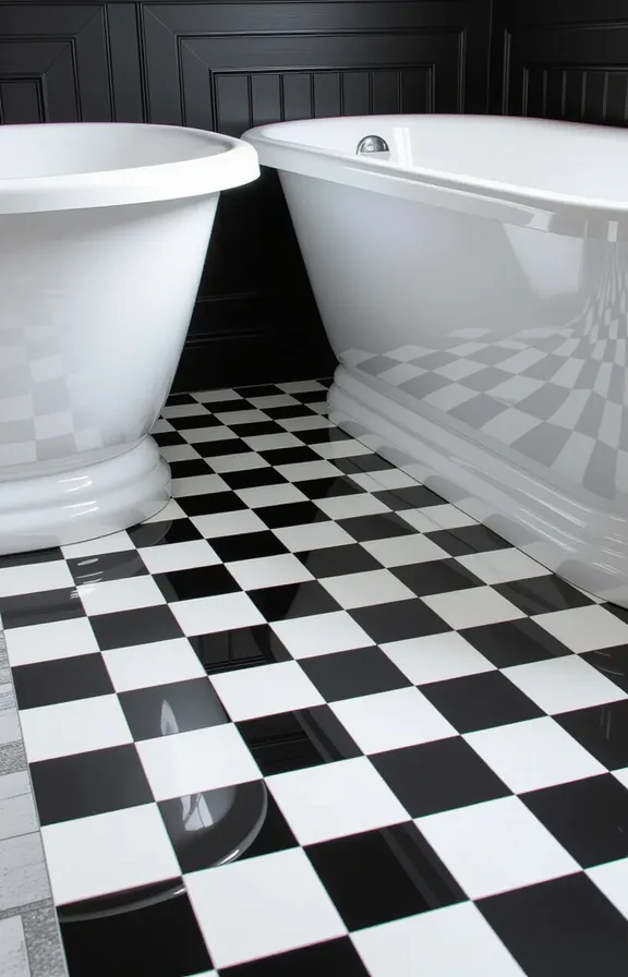 Medium shot looking down black and white checkerboard-pattern