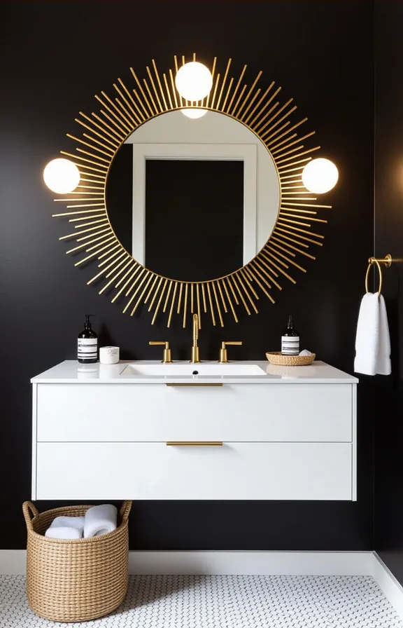 black bathroom wall with adhesive-mounted sunburst-shaped light discs.