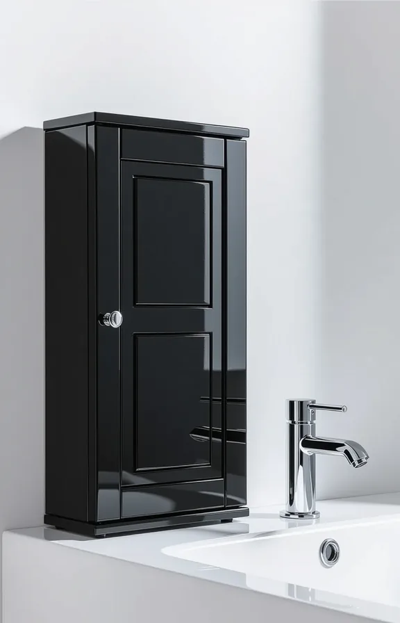 3/4 view glossy black freestanding medicine cabinet bathroom