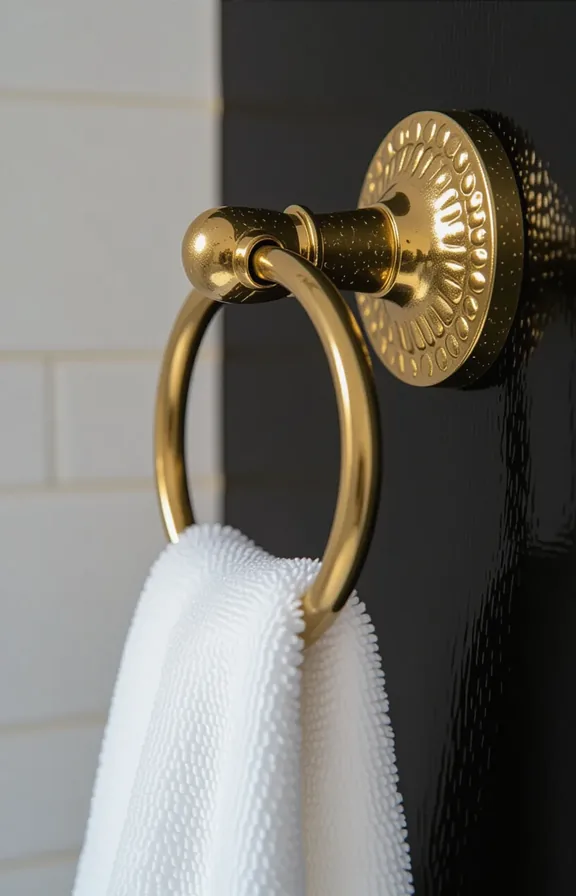 medium shot textured gold-finish towel ring mounted with