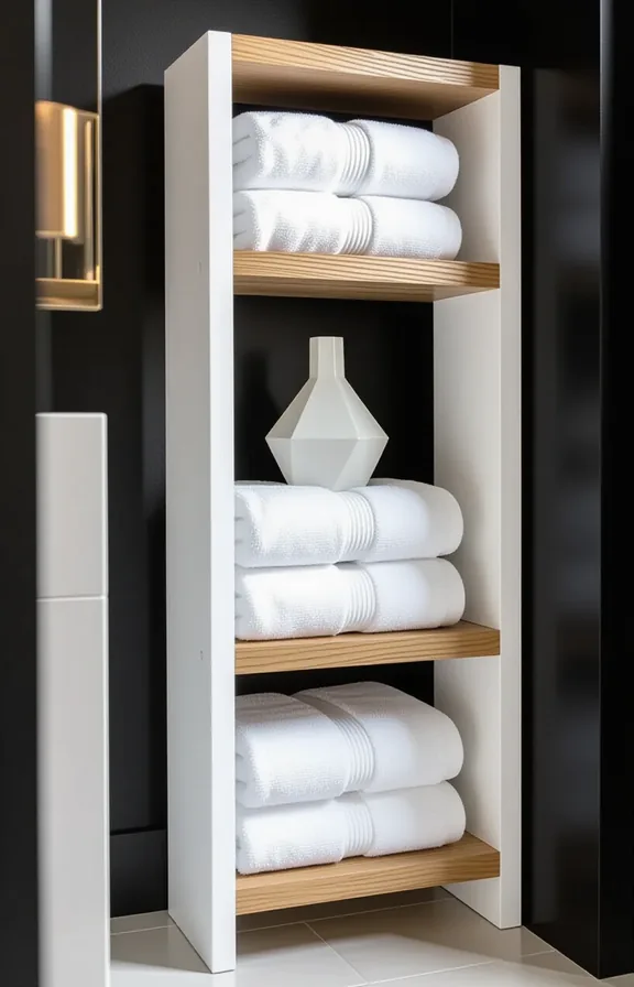 slim freestanding shelving unit bathroom corner against black