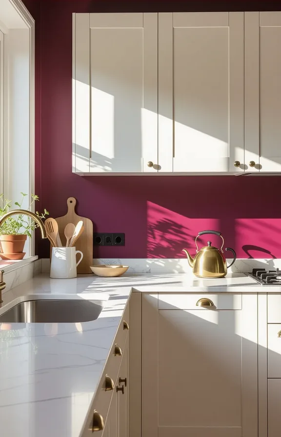 medium shot compact rental kitchen. aubergine painted accent