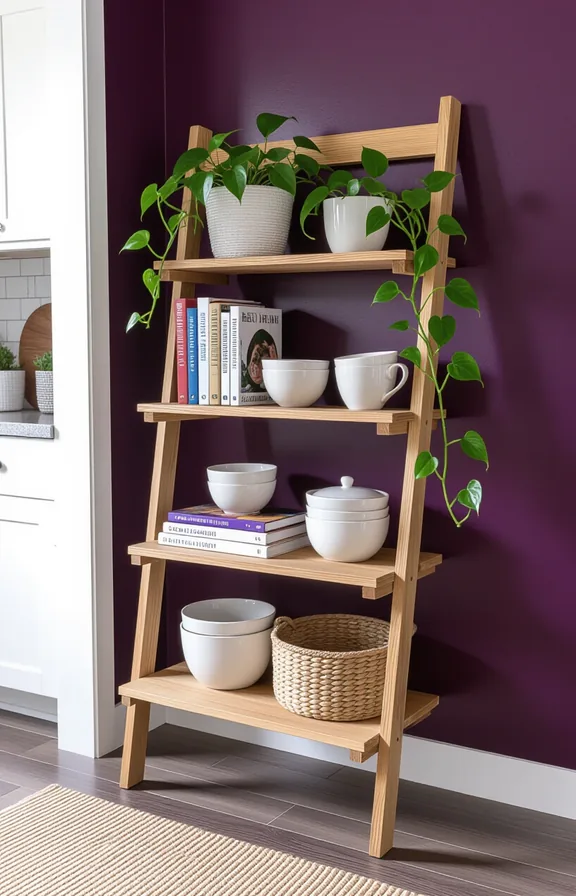 freestanding wooden ladder shelf unit. The unit leans