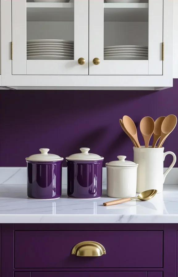 white quartz kitchen countertop. set three stoneware canisters