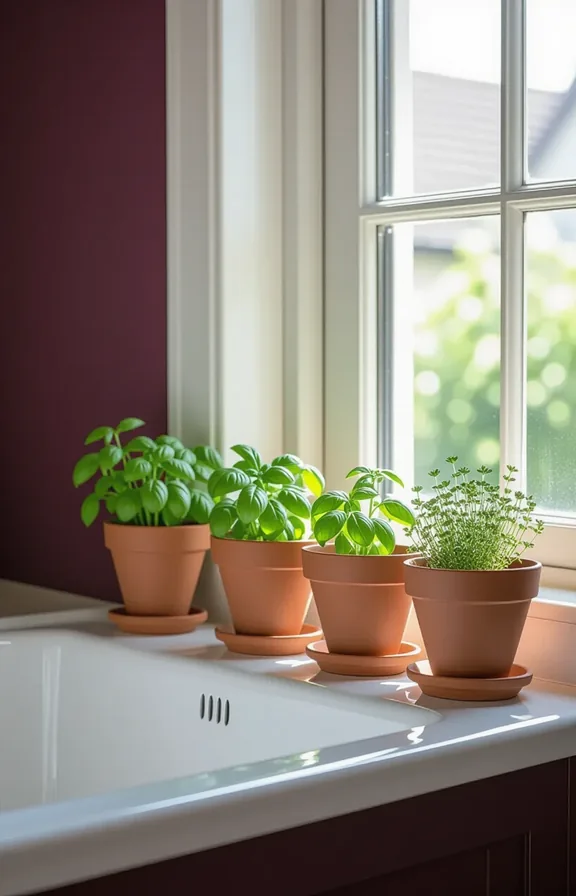 sunny kitchen windowsill. Small terracotta pots basil and
