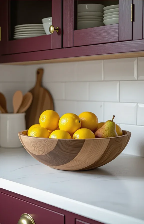 medium shot white kitchen countertop. large rustic wooden
