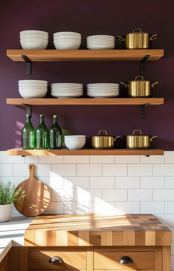 medium shot two wooden open shelves mounted kitchen