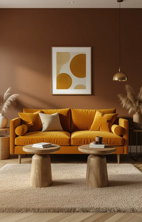 medium shot eye-level view living room with brown-painted