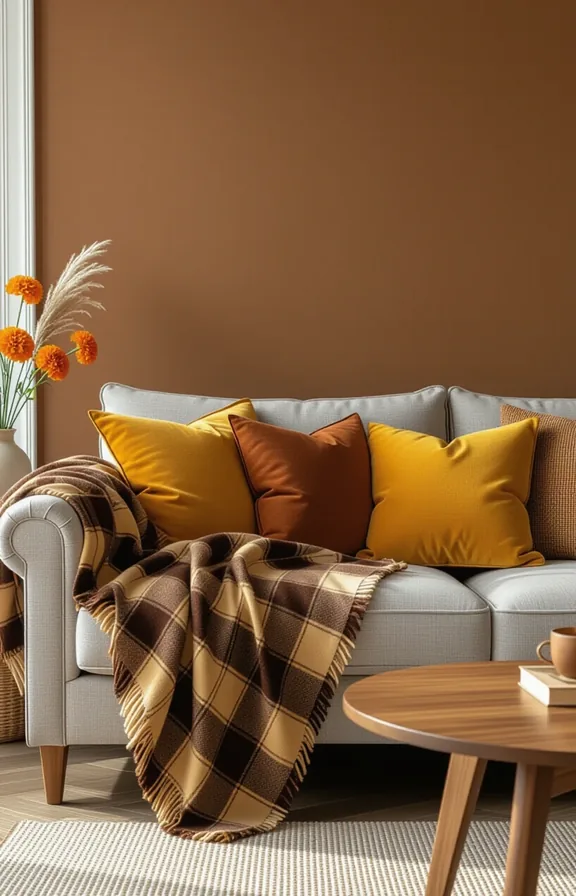 medium shot eye-level view living room with brown-painted