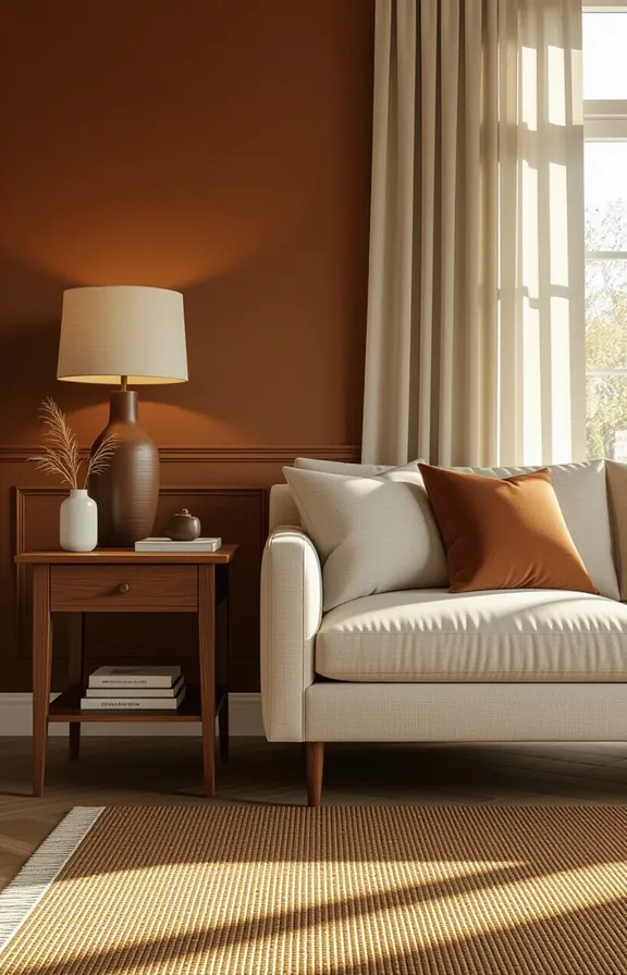 medium shot eye-level view living room with brown-painted
