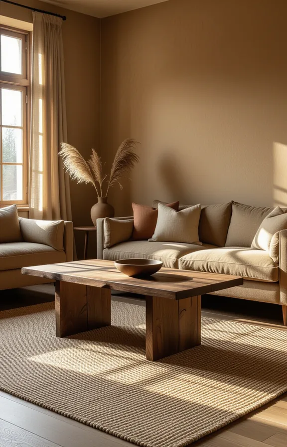 medium shot eye-level view living room with brown-painted