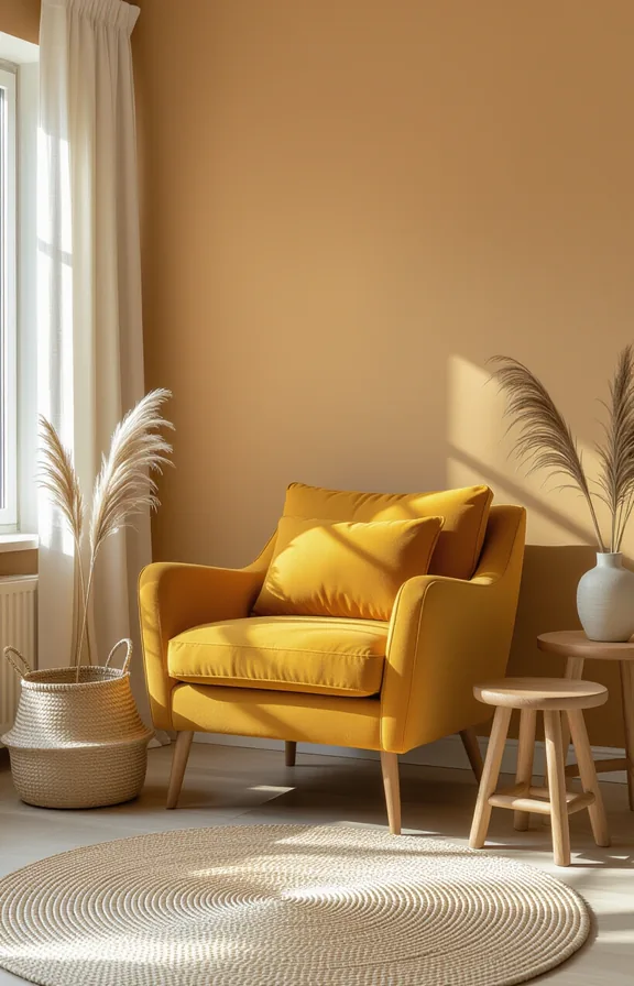 medium shot eye-level view living room with warm