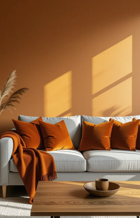 medium shot eye-level view living room with brown-painted