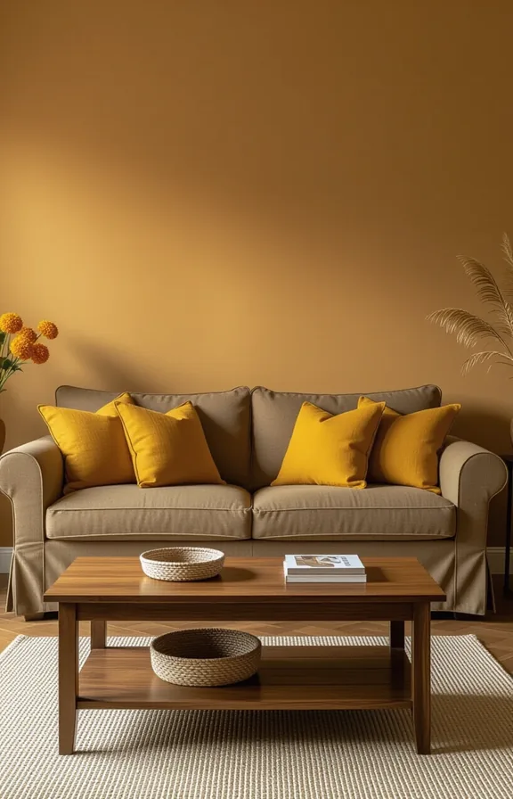 medium shot eye-level view living room with brown-painted