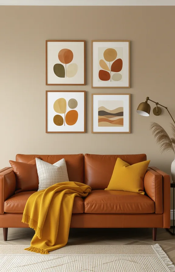 medium shot eye-level view living room with brown-painted