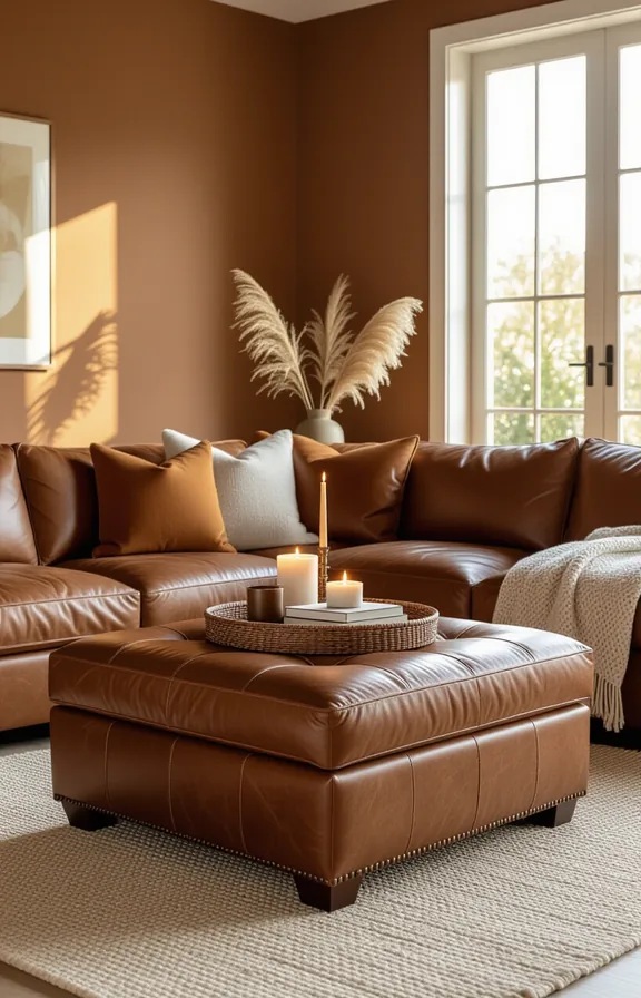 medium shot eye-level view living room with brown-painted