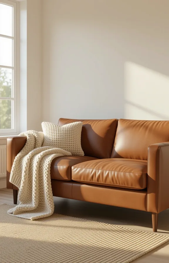 medium wide shot from eye-level. brown leather sofa