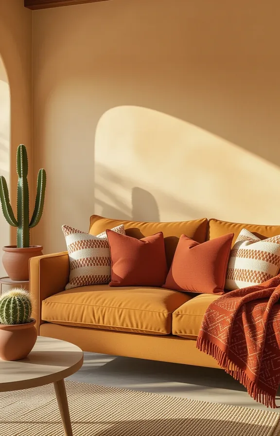 medium wide shot from eye-level. caramel brown sofa