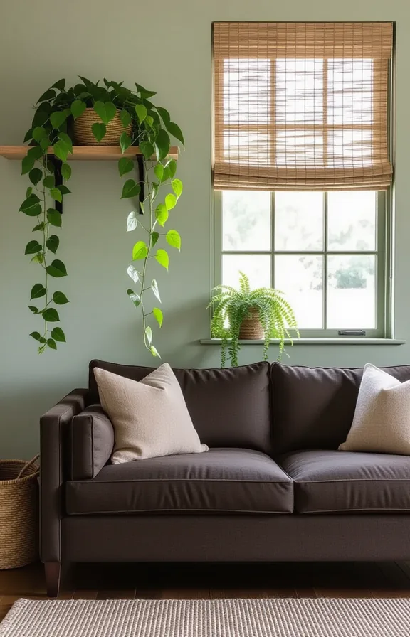 medium wide shot from eye-level. dark brown sofa