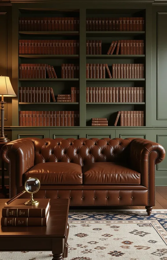 medium wide shot from eye-level. tufted brown leather