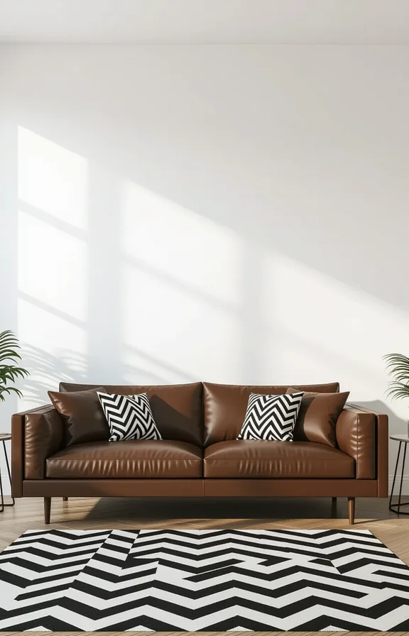 medium wide shot from eye-level. chocolate brown sofa