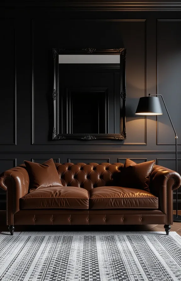 medium wide shot from eye-level. deep brown sofa