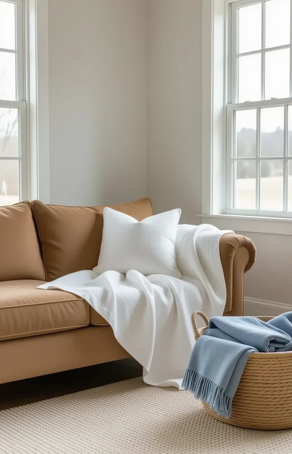 medium wide shot from eye-level. brown sofa wears a beige linen slipcover in a casual, relaxed style
