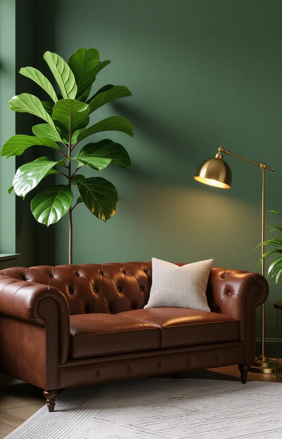 medium wide shot from eye-level. chocolate brown sofa