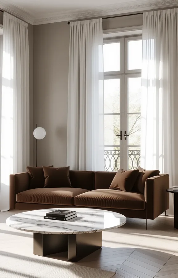 medium wide shot from eye-level. dark brown sofa