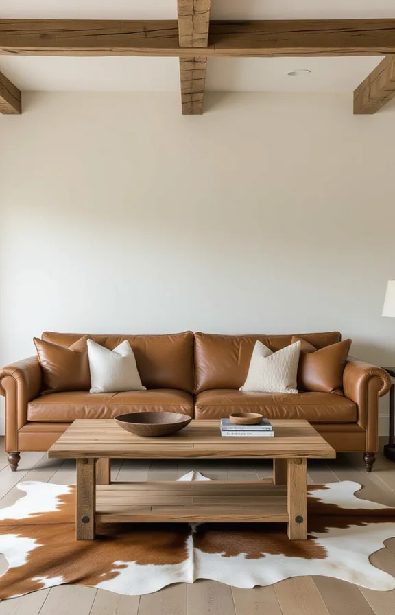 medium wide shot from eye-level. brown linen sofa