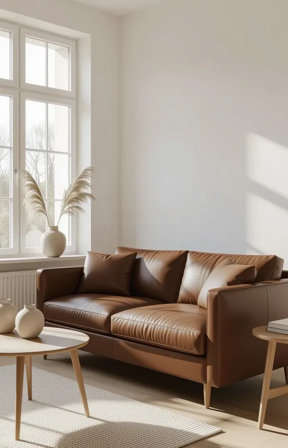 medium wide shot from eye-level. chocolate brown sectional