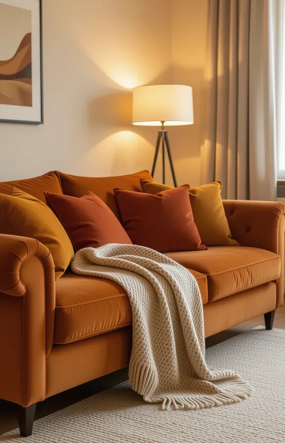 medium wide shot from eye-level. cognac brown sofa