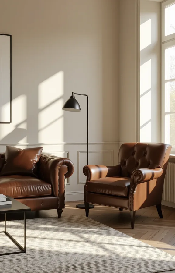 medium wide shot from eye-level. dark brown sofa